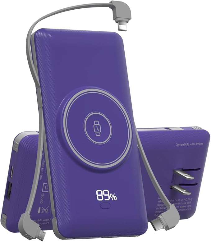 Magnetic 10000mAh Portable Charger for iWatch & iPhone, 22.5W USB C Fast Charging Wireless Power Bank Built-in Cables and Wall Plug, External Travel Battery Pack Compatible with iOS Android Devices