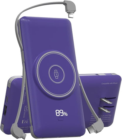 Magnetic 10000mAh Portable Charger for iWatch & iPhone, 22.5W USB C Fast Charging Wireless Power Bank Built-in Cables and Wall Plug, External Travel Battery Pack Compatible with iOS Android Devices