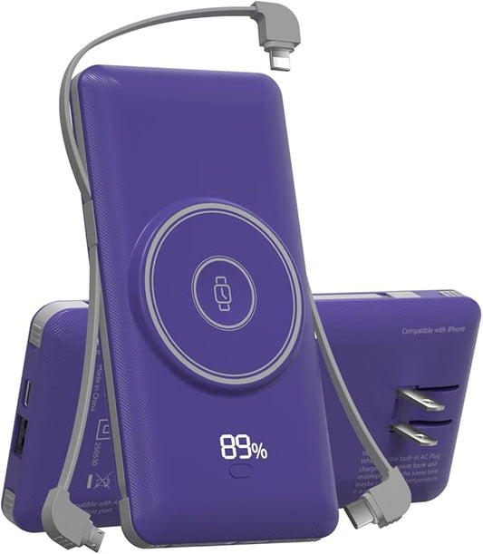 Magnetic 10000mAh Portable Charger for iWatch & iPhone, 22.5W USB C Fast Charging Wireless Power Bank Built-in Cables and Wall Plug, External Travel Battery Pack Compatible with iOS Android Devices