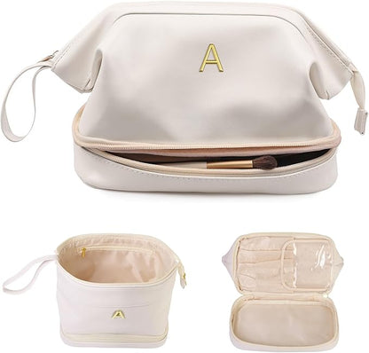 Women Gifts, Bridesmaid Gift, Initial Large Makeup Bag, Travel Essentials, Personalized Double Layer Cosmetic Bag with Makeup Brush Organizer, Toiletry Bag, Gifts for Friends Female Mom