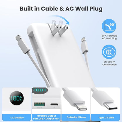 Portable Charger 33800mAh USB C Power Bank with Built-in Cables & AC Wall Plug,25W Fast Charging+QC 4.0 Phone Charger,4 Output Travel Essentials Battery Pack for iPhone16/15/14/13,Samsung,Android etc