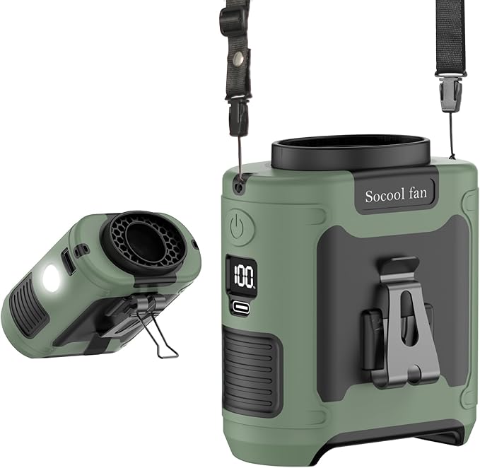 Socool 10000mAh Portable Waist Fan Clip on Wearable Belt Personal Fan Rechargeable Battery operated With 5 Speeds & Flashlight Neck Fan Hands-Free 40H Cooling For Outdoor Camping Travel (Green)