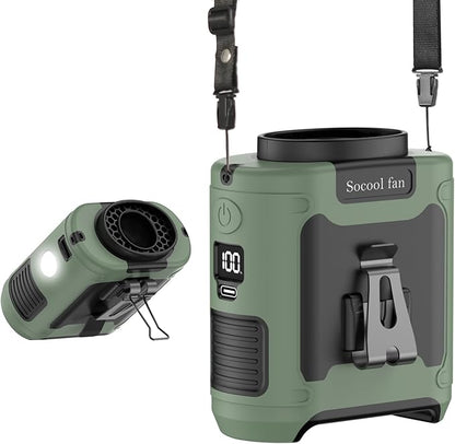 Socool 10000mAh Portable Waist Fan Clip on Wearable Belt Personal Fan Rechargeable Battery operated With 5 Speeds & Flashlight Neck Fan Hands-Free 40H Cooling For Outdoor Camping Travel (Green)