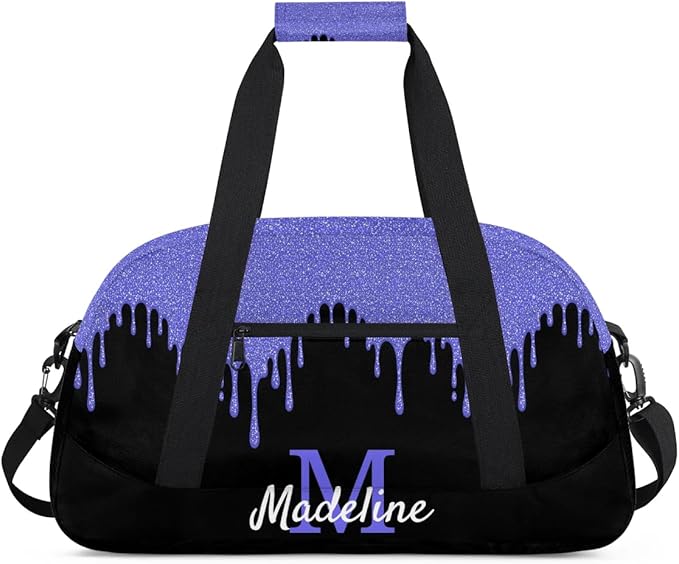 Personalized Kids Sports Duffel Bag with Name Custom Weekender Overnight Bag for Boys Girls Gym Bag Travel Dance Gymnastics Duffel Bag, Blue Purple Glitter
