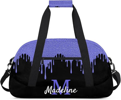 Personalized Kids Sports Duffel Bag with Name Custom Weekender Overnight Bag for Boys Girls Gym Bag Travel Dance Gymnastics Duffel Bag, Blue Purple Glitter