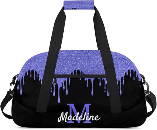 Personalized Kids Sports Duffel Bag with Name Custom Weekender Overnight Bag for Boys Girls Gym Bag Travel Dance Gymnastics Duffel Bag, Blue Purple Glitter