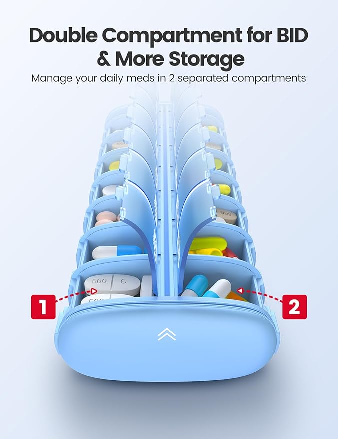 Vaydeer Metal 7 Day Pill Organizer 2 Times a Day – AM PM Weekly Travel Pill Case with Moisture-Proof Desiccant, Airtight Large Capacity Pill Box for Vitamins, Medications & Supplements (Champagne)