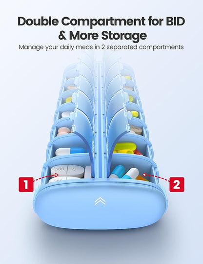 Vaydeer Metal 7 Day Pill Organizer 2 Times a Day – AM PM Weekly Travel Pill Case with Moisture-Proof Desiccant, Airtight Large Capacity Pill Box for Vitamins, Medications & Supplements (Champagne)
