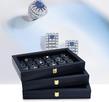 Oirlv Premium Blue Leather Necklace Bracelet Organizer Tray with Acrylic Lid Jewelry Display Case Drawer Insert Jewelry Organizer for women