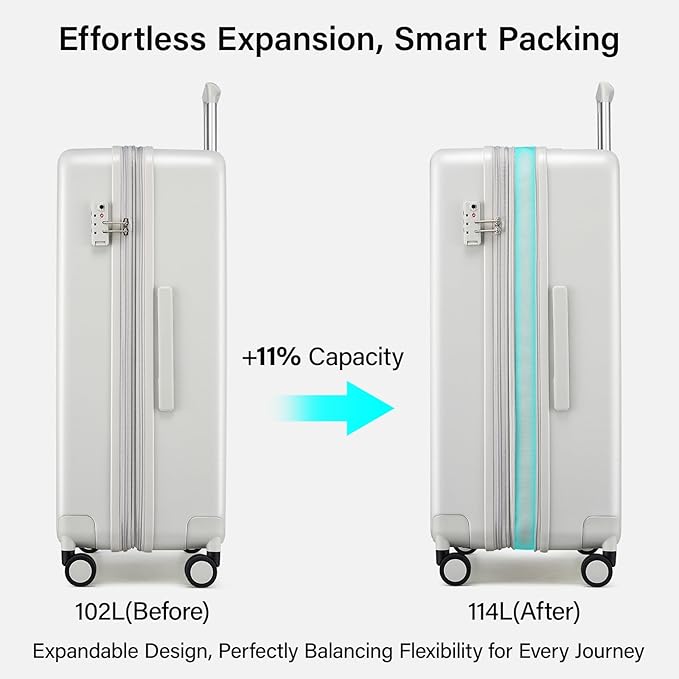 Hanke Expandable 28 Inch Luggage with Spinner Wheels, Hardside Large Suitcase, All-PC Hard Shell Checked Luggage, TSA Lock, Durable Checked-Large (Smoke White, 114L)