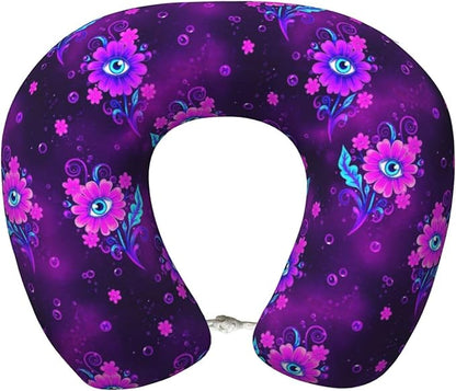 Travel Neck Pillows for Sleeping Rest Car Airplanes Trippy Eyes Flower, Memory Foam with Removable Breathable Zipper Cover Washable for Men Women