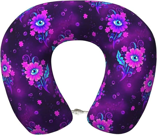 Travel Neck Pillows for Sleeping Rest Car Airplanes Trippy Eyes Flower, Memory Foam with Removable Breathable Zipper Cover Washable for Men Women