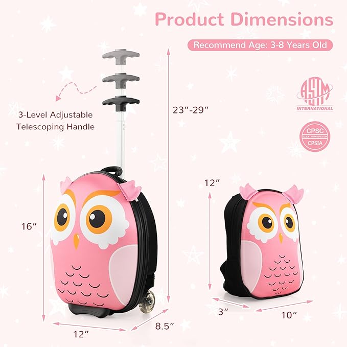 HONEY JOY Kids Luggage, 12” Children Hardshell Backpack & 16” Toddler Travel Rolling Suitcase, 2 Pcs Lightweight Carry On Luggage Set, Kids Luggage with Wheels for Girls & Boys(Pink Owl)
