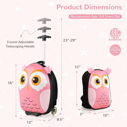 HONEY JOY Kids Luggage, 12” Children Hardshell Backpack & 16” Toddler Travel Rolling Suitcase, 2 Pcs Lightweight Carry On Luggage Set, Kids Luggage with Wheels for Girls & Boys(Pink Owl)