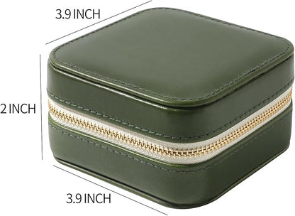 Genuine Leather Travel Jewelry Case Organizer with Mirror for Women, Small Jewelry Box Portable Mini Jewelry Case for Earring, Ring, Necklace, Bracelet（Green）