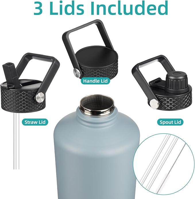 Gallon Insulated Water Bottle with Straw,128 oz 3 Lids Water Jug with Carrying Bag,Paracord Handle, Double Wall Vacuum Stainless Steel Metal Flask,Storm Blue