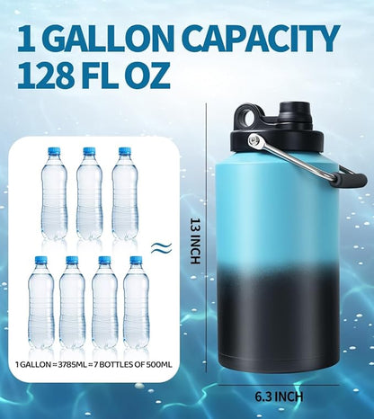 Insulated Water Bottle, 1 Gallon Jug with Handle, 128 oz Stainless Steel Large Water Bottle Wide Mouth Double Vacuum for Hot & Cold Drinks, Gradient Blue