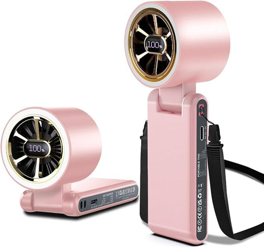 CAZOKASI Rechargeable Strong Wind Handheld Fan With Ambient Lighting 4 IN1 5000mAh Upto 22H For Desktop Waist Clip Neck (StrongWind/Pink)