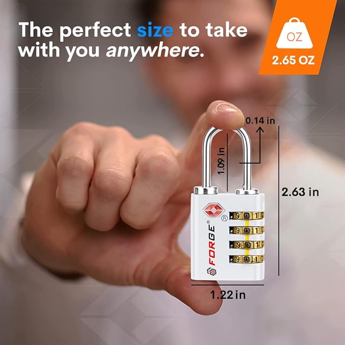 Forge Dual-Opening: Key or Combination Access Lock, TSA Approved Locks for Luggage, Pelican case, Travel, Gym, School, Stainless Steel Shackle. (White, 2 Pk)