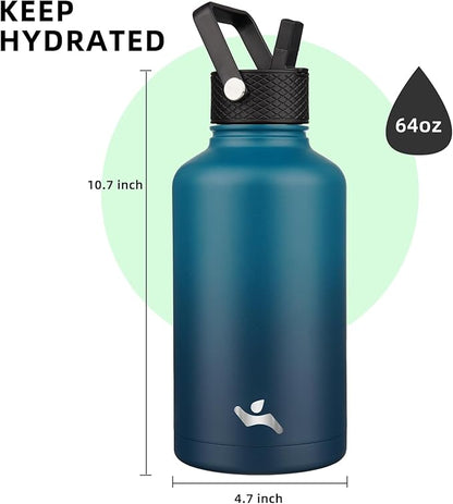 Half Gallon Insulated Water Bottle with Straw,64 oz 3 Lids Water Jug with Carrying Bag,Paracord Handle,Double Wall Vacuum Stainless Steel Metal Flask,Indigo Black