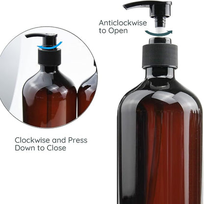 Empty Plastic Bottles with Pump Dispenser and Labels Included, Refillable Travel Containers for Hand sanitizer Shampoo Lotion, etc - No BPA/Parabenf, 500ml/16.9oz (Amber, 6 Pack)