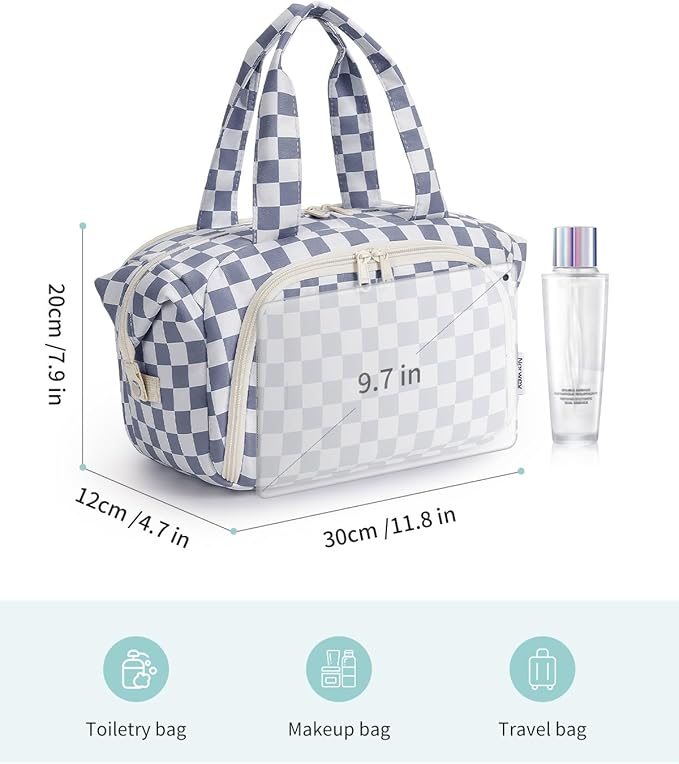 Narwey Travel Toiletry Bag, Wide-open Large Toiletry Bags for Traveling Women, Checkered Travel Bag for Toiletries Cosmetic Makeup Bag Organizer, Skincare Make Up Bag (Greyish Blue Checkerboard)