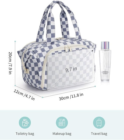 Narwey Travel Toiletry Bag, Wide-open Large Toiletry Bags for Traveling Women, Checkered Travel Bag for Toiletries Cosmetic Makeup Bag Organizer, Skincare Make Up Bag (Greyish Blue Checkerboard)
