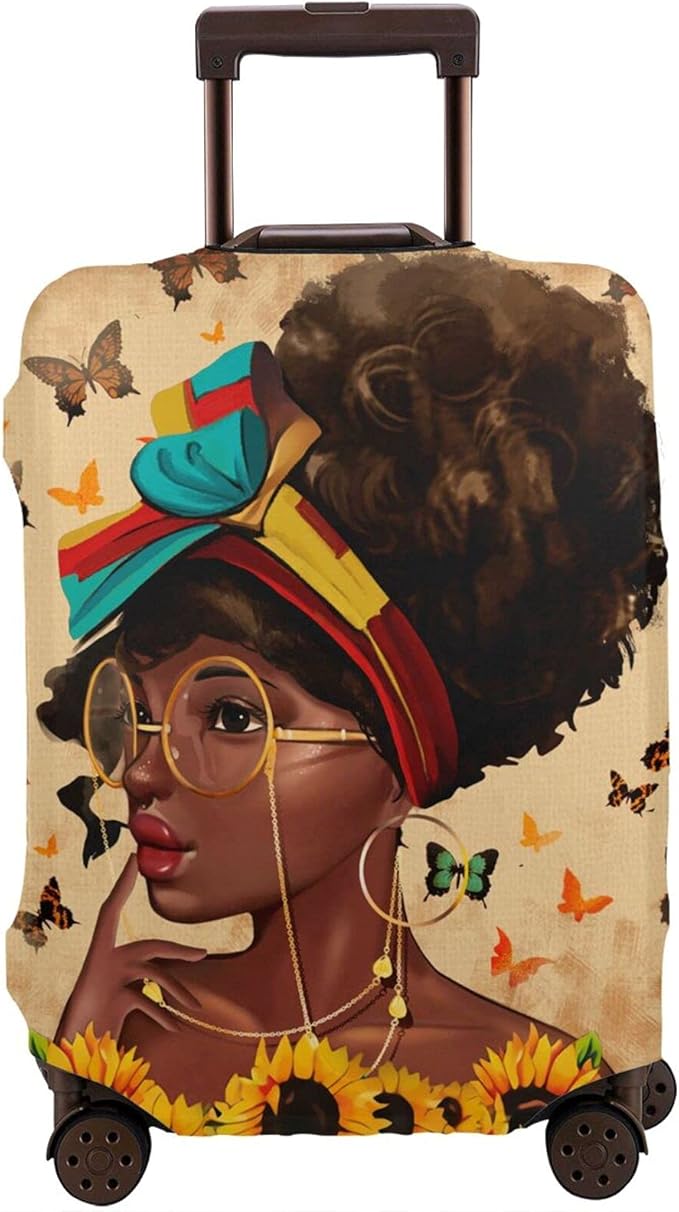 Travel Suitcase Protector African American Black Girl Elastic Protective Washable Luggage Cover With Concealed Zipper Suitable For Medium (A little large)
