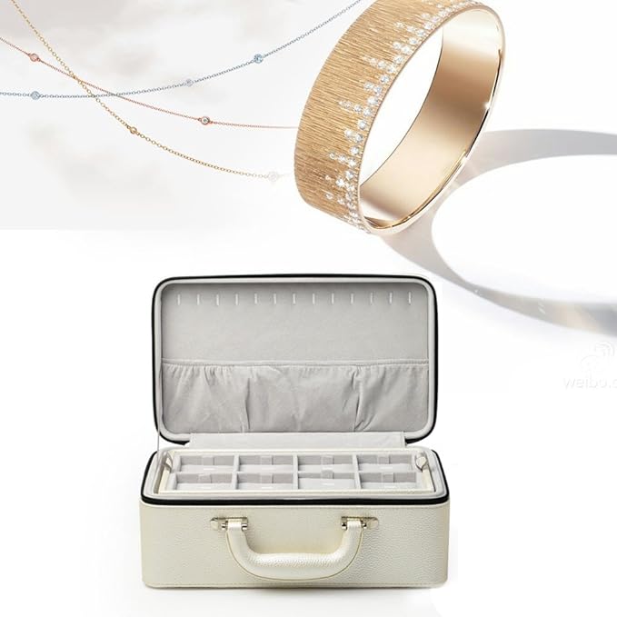 Oirlv White Leather Jewelry Suitcase for Women Three Layer Jewelry Organizer Display Storage Case Holder for Rings Earrings Necklace Pendant Vintage Gift