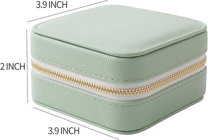 Genuine Leather Travel Jewelry Organizer Case with Mirror for Women, Small Mini Portable Jewelry Box for Earring, Ring, Necklace, Bracelet（Mint Green）
