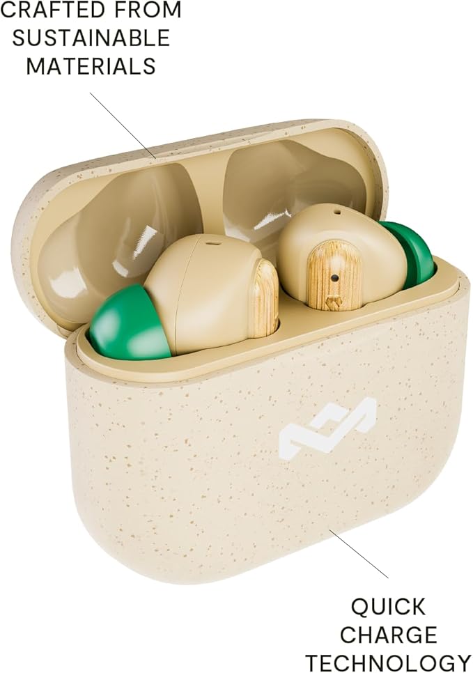 House of Marley Little Bird True Wireless Earbuds, Touch Controls, Built-in Mic, 24 Hours Playtime with Case, USB-C Quick Charge, Sustainable Materials, Movie and Gaming Mode, Cream