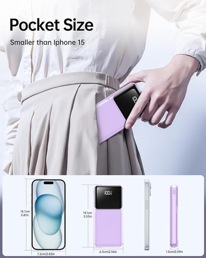 Portable Charger with Built in Cable - 22.5W Power Bank Fast Charging USB C LED Display 10000mAh Travel Battery Pack 5 Outputs & 3 Inputs for iPhone Samsung Android iPad Phones Tablets etc