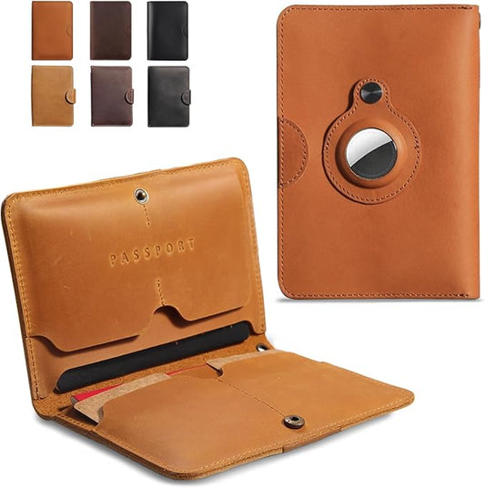 Leather Passport Holder for Travel Women Man, Button Closure Passport Wallet with Airtag Slot,Passport Cover for A Passport Book,Trvavel Essential & Gift