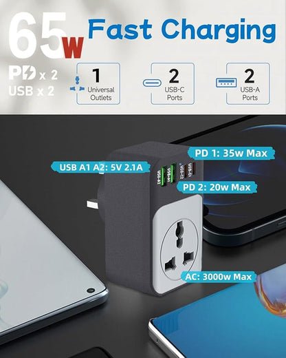 Universal Travel Adapter, COOFINE 65W Plug Adapter with 1 International Outlet 2 PD USB C 2 USB Ports, 110-240v, 5 in 1 Type B Universal Power Adapter for EU UK to US Worldwide Travel