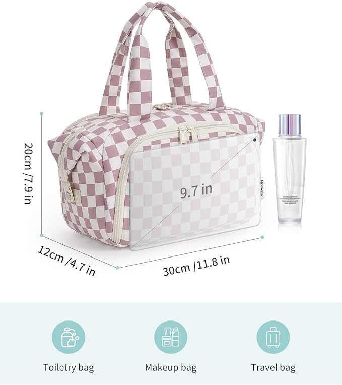 Narwey Travel Toiletry Bag, Wide-open Large Toiletry Bags for Traveling Women, Checkered Travel Bag for Toiletries Cosmetic Makeup Bag Organizer, Skincare Make Up Bag (Dusty Pink Checkerboard)