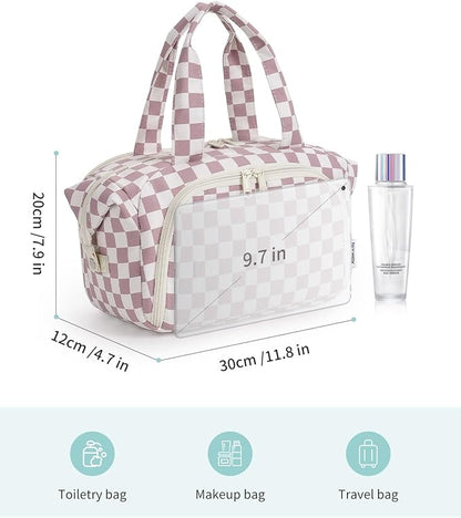 Narwey Travel Toiletry Bag, Wide-open Large Toiletry Bags for Traveling Women, Checkered Travel Bag for Toiletries Cosmetic Makeup Bag Organizer, Skincare Make Up Bag (Dusty Pink Checkerboard)