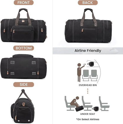 Sucipi Canvas Travel Duffel Bag for Men, Weekend Overnight Bag with Shoe Compartment and Toiletry Bag, Carry-On for Airplanes, Black