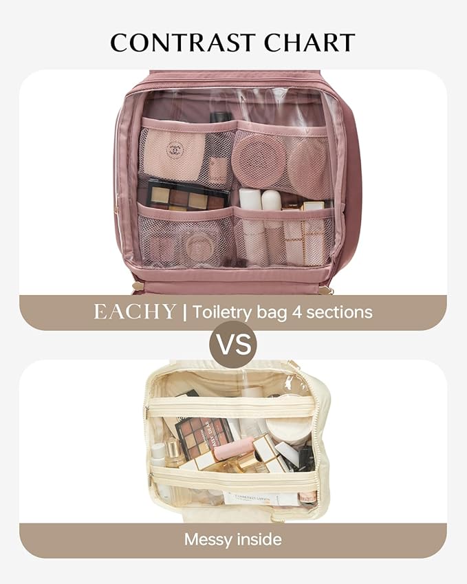 EACHY Travel Toiletry Bag with Hanging Hook, Portable Makeup Cosmetic Bags for Women, Water-Resistant Full-Size Travel Accessories (Pink)