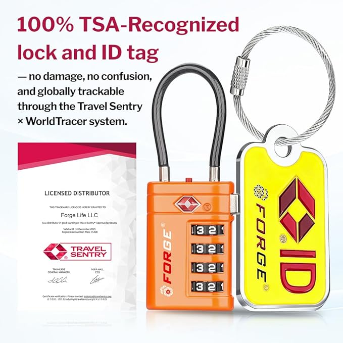 Forge TSA Approved Cable Luggage Locks with TSA008, 4-Digit Combination & Open Alert Indicator, Zinc Alloy Body, 2 Orange Travel Locks with 2 TSID Smart Lost & Found Tags for Luggage & Suitcase