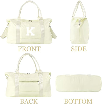 Initial Travel Duffel Bag Sports Gym Bag for Kids Teen Birthday Gifts,Beige Personalized Weekender Bag Carry On Dance Bags for Women Men,Waterproof Monogram Overnight Bag with Trolley Sleeve(Letter K)