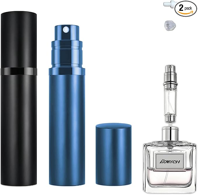 2PCS Perfume Travel Refillable Bottle, Bottom-Filling Fragrances Perfume Atomizer, Empty Mini Cologne Dispenser, Portable Sprayer Pocket Size for On the Go 5ml (Black & Dark Blue)