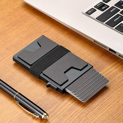 Jenoss Smart Pop Up Wallet for Men: Aluminum Card Holder Wallet, Slide Pop Up Case, Slim Metal RFID Blocking Credit Card Holder, Minimalist Compact 12+ Cards Slot Organizers ID Money Clip (Black)