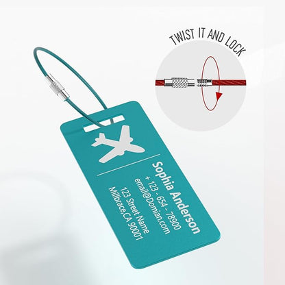 4 Personalized Metal Luggage Tags, Laser Engrave Name and Logo, Custom Aluminum Suitcase Tags with Steel Ring, for Travel, Backpack, Baggage (Lake Blue)