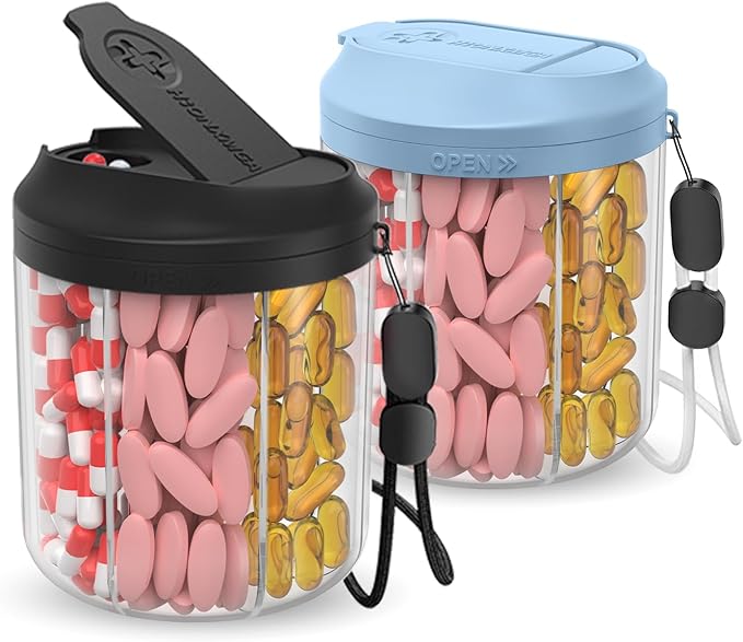 Pill Dispenser with 7 Large Compartments, 4.4" H x 3.6" Dia Pill Organizer for Travel, Supplement Organizer with Anti-Mixing Design, BPA-Free Pill Container with 20 Pcs Labels, Black+ Blue