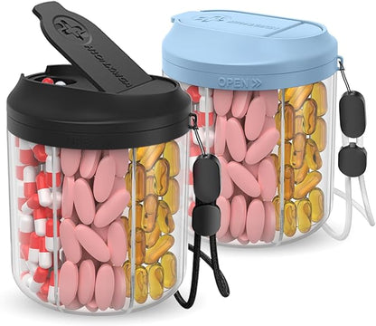 Pill Dispenser with 7 Large Compartments, 4.4" H x 3.6" Dia Pill Organizer for Travel, Supplement Organizer with Anti-Mixing Design, BPA-Free Pill Container with 20 Pcs Labels, Black+ Blue