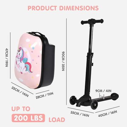 smilesun 4-in-1 Detachable Scooter Suitcase for Kids & Teenagers, Lightweight Hardside Ride-On Suitcase, Foldable Design, Perfect Travel Gift for Girls(Pink Cute Pony 22-inch)