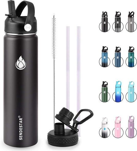 SENDESTAR Insulated Water Bottle 24 OZ, Wide Mouth 24 oz Water Bottle with Straw Lid, Spout Lid, Double Wall Vacuum Stainless Steel Leak Proof, Keeps Liquids Hot or Cold (Black)