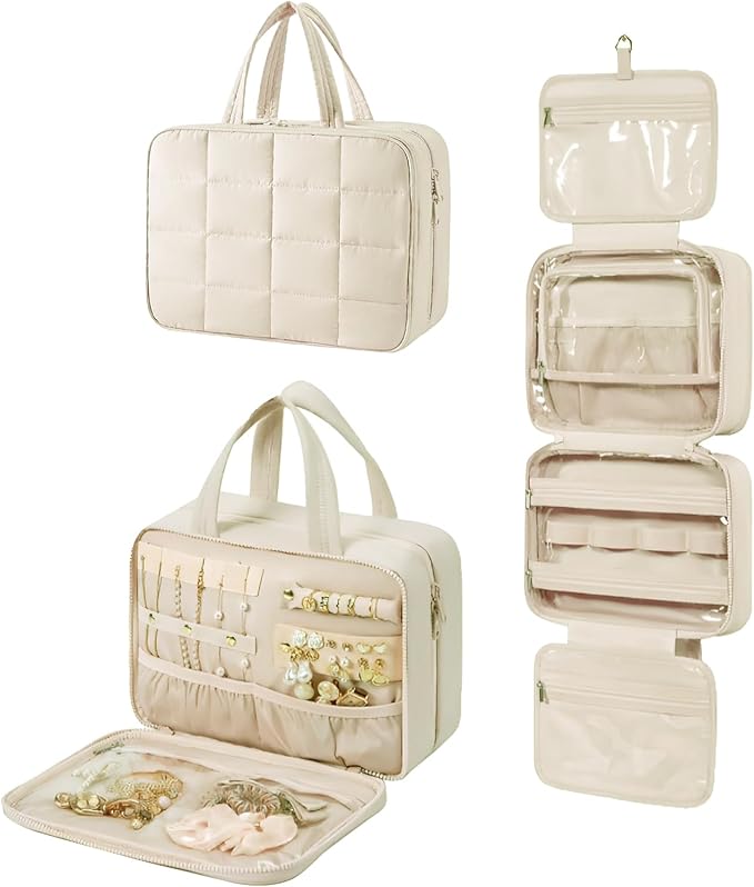 Travel Toiletry Bag for Women,Portable Hanging Travel Bag Cosmetic Jewelry Organizer,Makeup Bag for Toiletries,Full Sized Shampoo,Conditioner,Beige