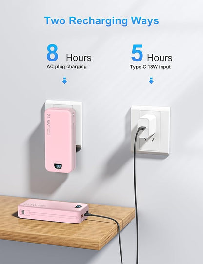 Portable Charger with Wall Plug, 20000mAh USB C Power Bank Fast Charging, External Battery Pack with Built in Cables, Digital Display, 5 Output 2 Input for iPhone Android Cell Phone Tablet