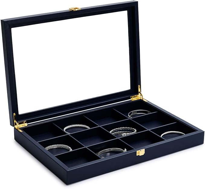 Oirlv 12 Gird Jewelry Tray with Acrylic Lid Premium Blue Leather Jewelry Organizer Box Transparent Lid Bracelet Bangle Small Watch Storage Case for Women Gift